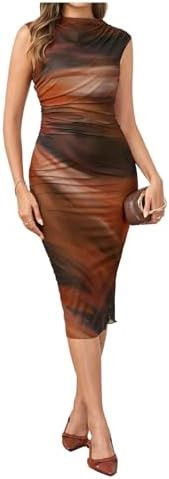 Milumia Women's Tie Dye Sleeveless Bodycon Dress Vintage Mock Neck Mesh Midi Dresses | Amazon (US)