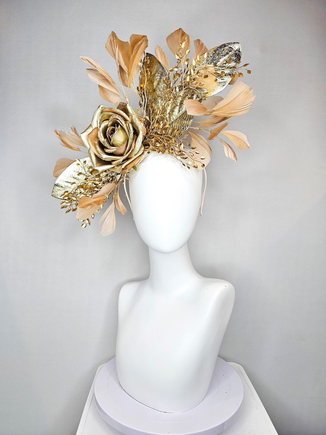 Kentucky Derby Hat Fascinator Gold Feathers and Gold Rose Flower With Gold Leaves - Etsy | Etsy (US)