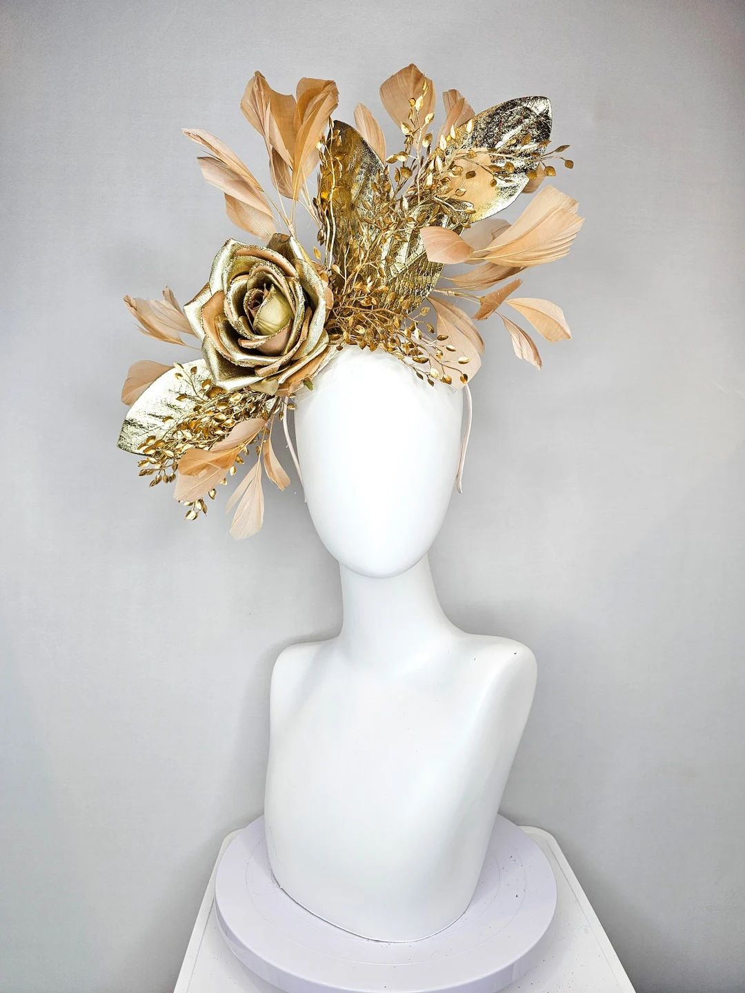 Kentucky Derby Hat Fascinator Gold Feathers and Gold Rose Flower With Gold Leaves - Etsy | Etsy (US)