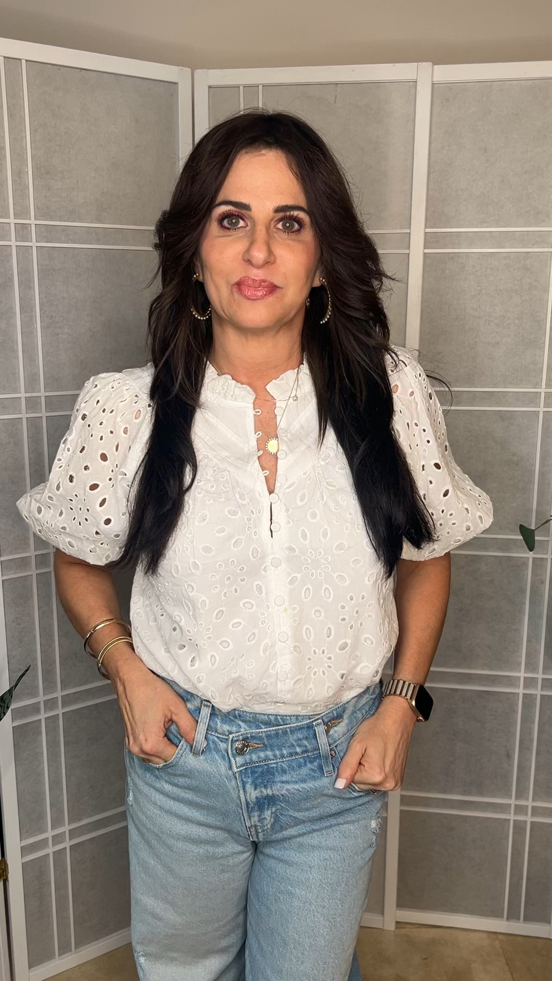 The eyelet top is so dang pretty. Wearing a sm. 

#LTKVideo #LTKOver40 #LTKStyleTip