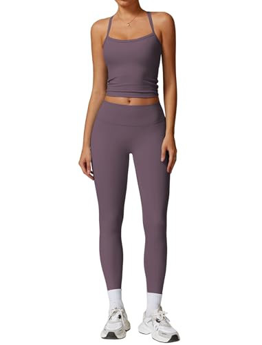 Womens Workout Sets Two Piece Seamless Stretch Cross Back Tank Top Matching Tummy Control High Waist Leggings Set 2 Piece For Women Gym Yoga Active Wear Outfits Athletic Work Out Clothes S Purple | Amazon (US)