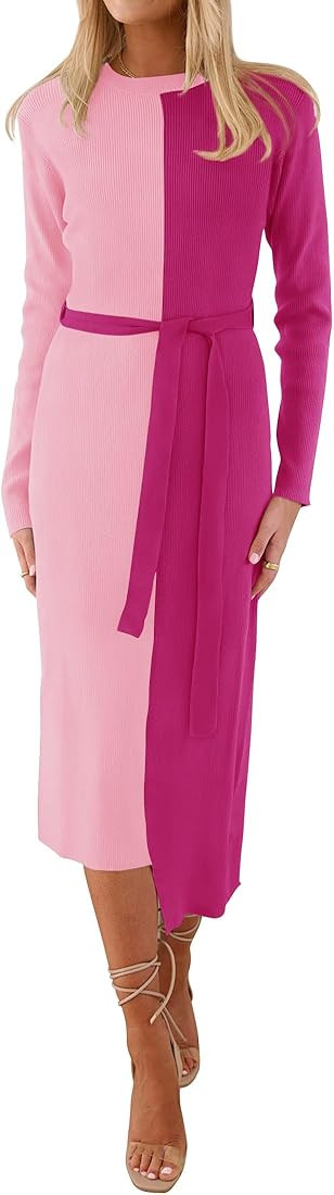 ZESICA Women's 2024 Fall Ribbed Knit Sweater Dress Elegant Long Sleeve Crewneck Tie Waist Slim Fi... | Amazon (US)