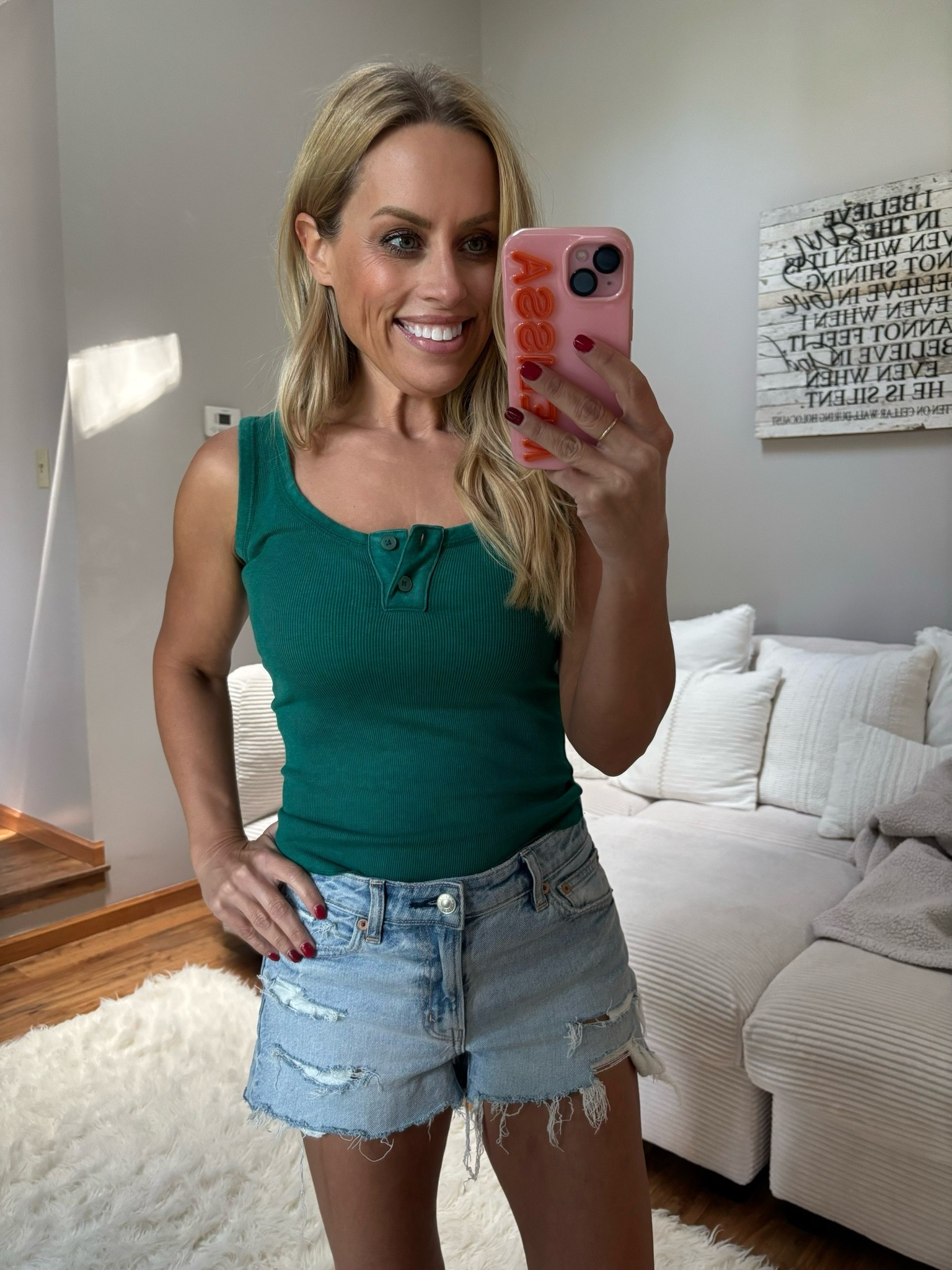 Favorite henley and favorite jean shorts - both on sale! I’ve got the tank in three colors and I wear these shorts ALL the dang time! They’re that comfy, stretchy denim that just molds to your body! Tank is form-fitting but both are TTS. #ad

#LTKootd #LTKOver40 #LTKmomlife