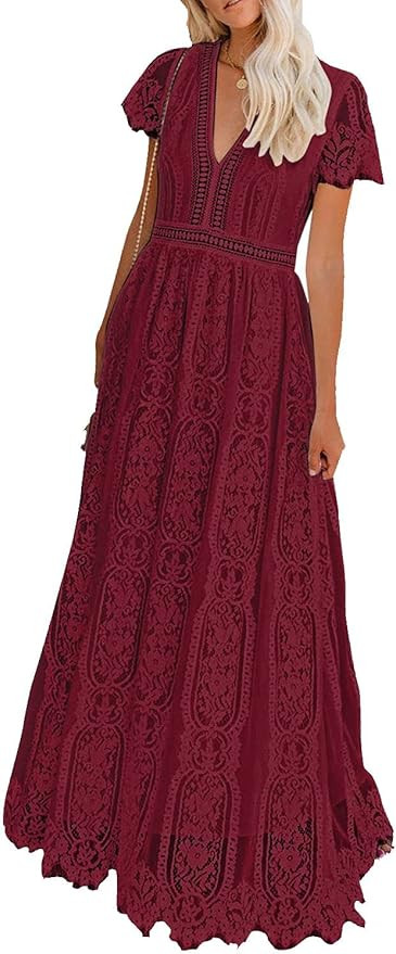 BLENCOT Womens Casual Boho Floral Lace V Neck Long Evening Dress Cocktail Party Maxi Wedding Dres... | Amazon (US)