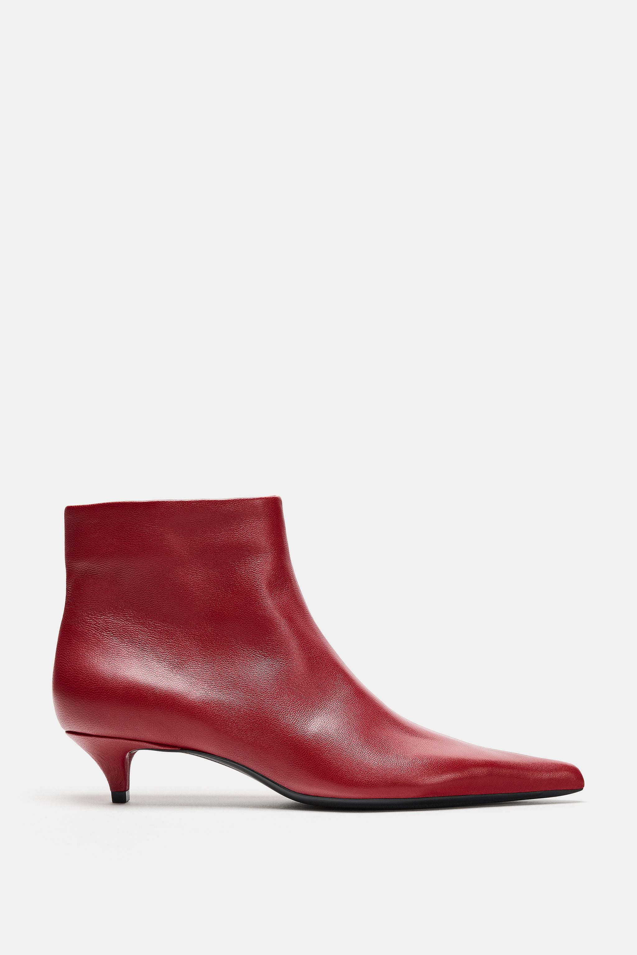 Soft leather ankle boots. Side zipper closure. Slim kitten heel. Pointed toe. Heel height: 1.6 in... | Zara US