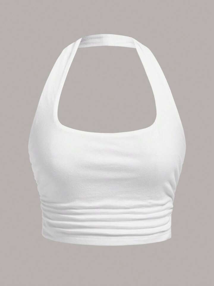 SHEIN Qutie Solid Backless Halter Top | SHEIN