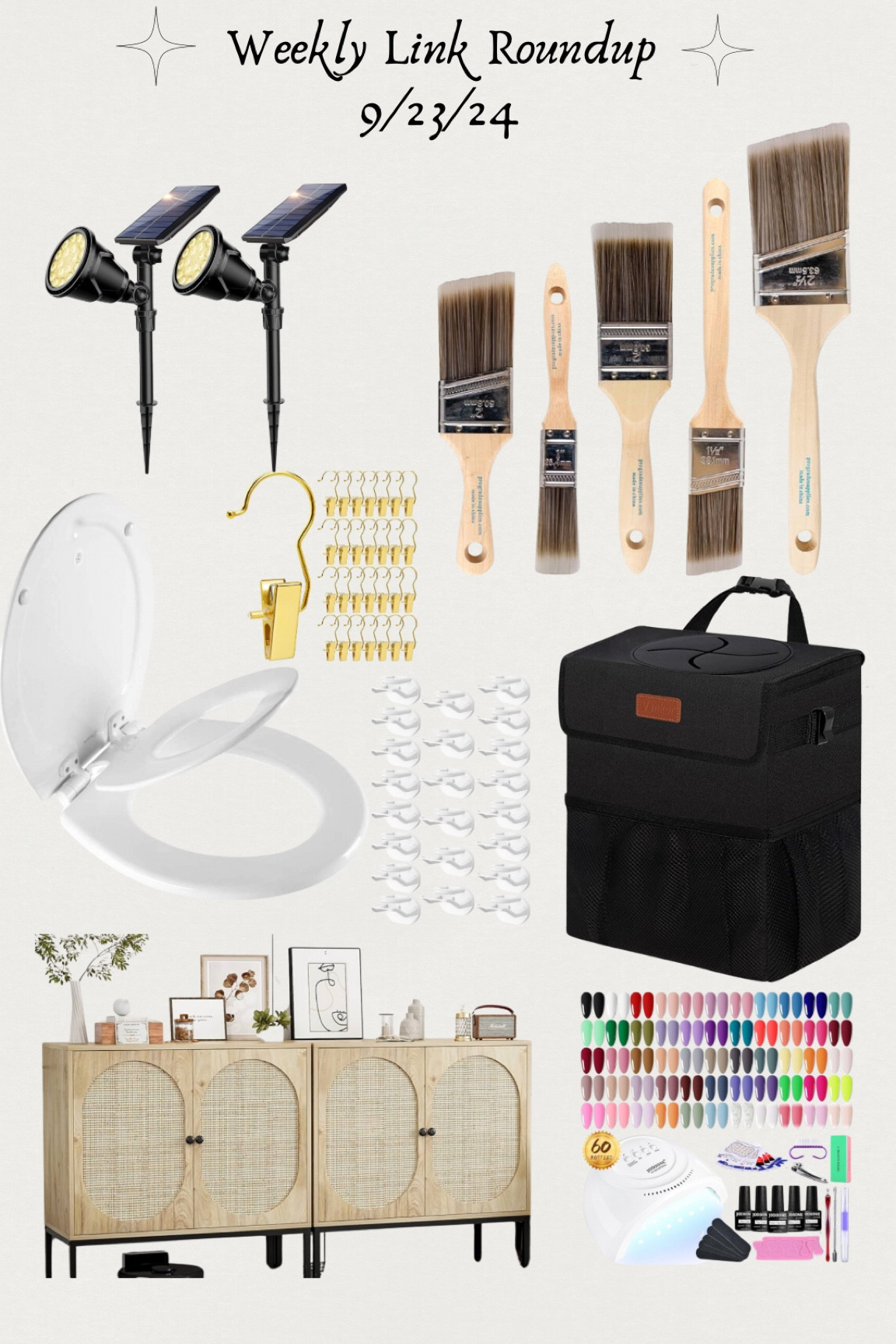 Link roundup for week 9/23/24. Solar lights, paint brushes, toilet seat, boot clips, hat hooks, car trash can, rattan cabinets, at home gel nail set. 

#LTKFindsUnder50 #LTKFamily #LTKHome