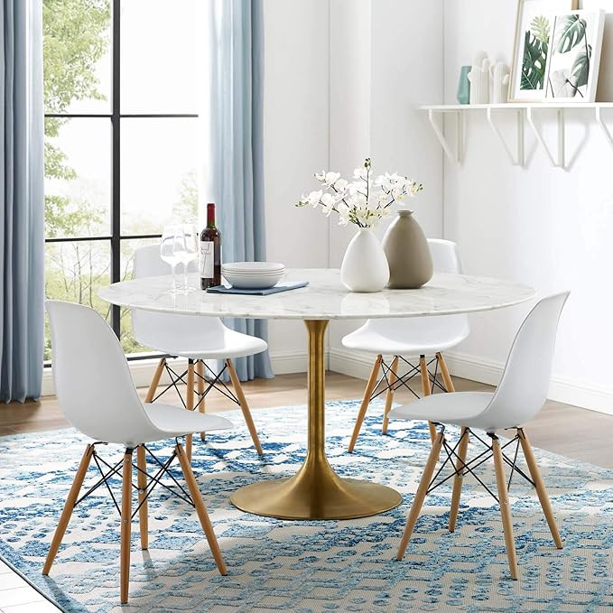 Modway Lippa 60" Mid-Century Dining Table with Round Artificial Marble Top in Gold White | Amazon (US)
