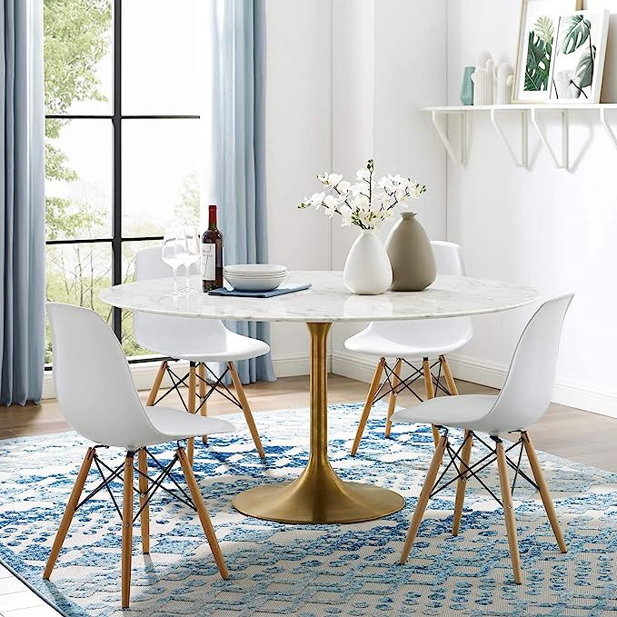 Modway Lippa 60" Mid-Century Dining Table with Round Artificial Marble Top in Gold White | Amazon (US)