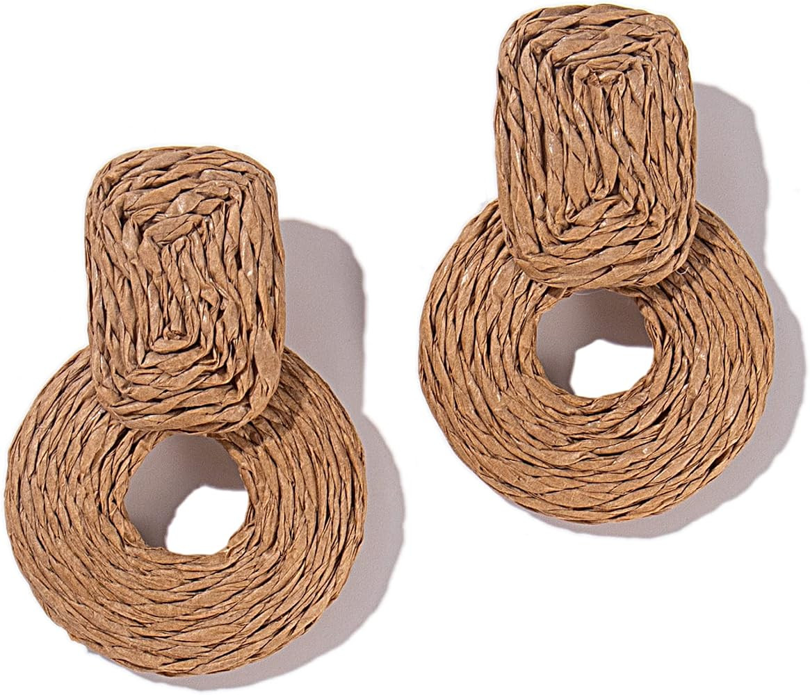 Statement Boho Rattan Dangle Earrings - Handmade Straw Wrap Summer Drop Dangling Earrings for Wom... | Amazon (US)