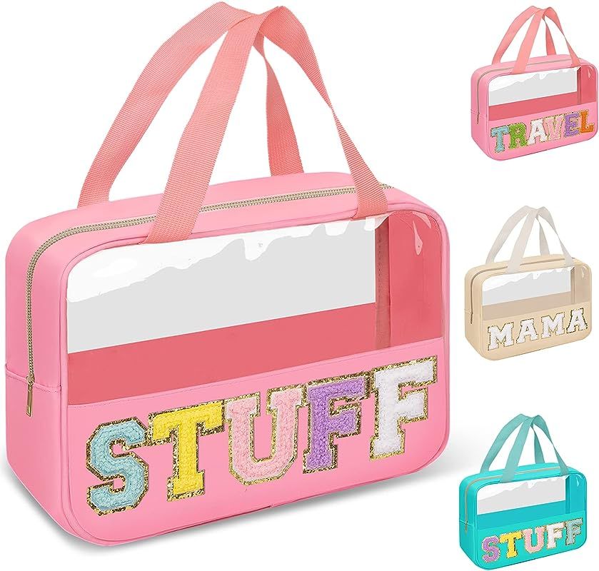 Preppy Clear Stuff Makeup Bags with Chenille Letter Patches, Travel Essentials Large Clear Make up B | Amazon (US)