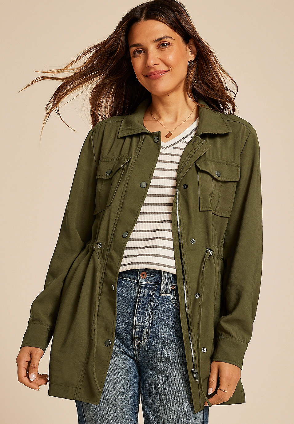 Olive Twill Cinched Waist Jacket | Maurices
