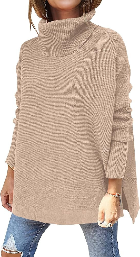 Caracilia Women's Turtleneck Oversized Knit Sweater 2022 Fall Long Batwing Sleeve Spilt Hem Pullo... | Amazon (US)