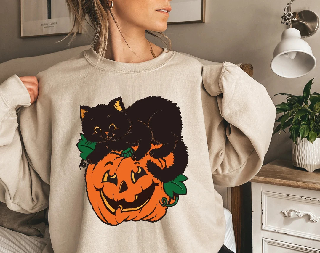Black Cat Pumpkin Sweatshirt, Halloween Sweatshirt, Black Cat Halloween Hoodies, Vintage Hallowee... | Etsy (US)
