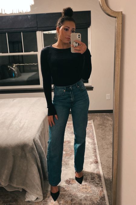Classic straight jeans, fitted long sleeve sweater, and black heels, date night outfit 🖤 

#LTKfit #LTKshoecrush #LTKunder100