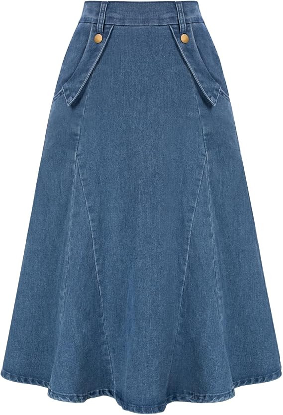 Belle Poque Women's Denim Skirts Vintage Elastic High Waist A-Line Long Maxi Jean Skirts with Poc... | Amazon (US)