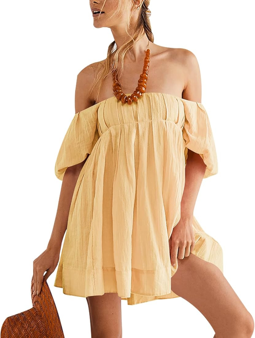 HeSaYep Women's Summer Dresses Casual Square Neck Mini Dress Short Sleeve Puffy Dress Tie Back Lo... | Amazon (US)