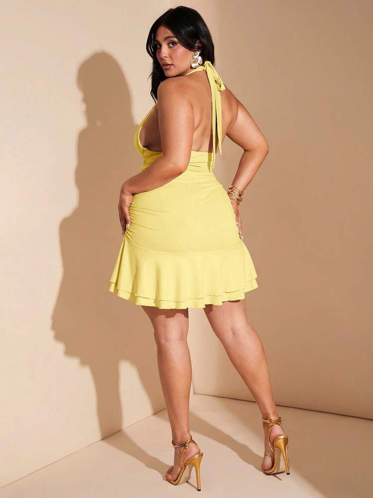 SHEIN BAE Plus Size Women's Apricot Color V-Neck Ruched Ruffle Hem Romantic Mini Dress, Elegant &... | SHEIN