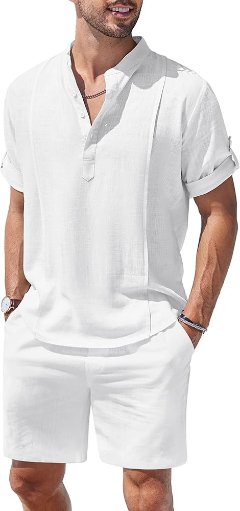 COOFANDY Men's 2 Pieces Linen Set Henley Shirt Short Sleeve and Shorts Summer Beach Yoga Matching... | Amazon (US)