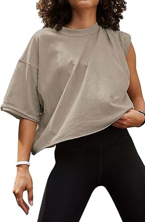 HUGOOME Womens Oversized Workout Crop Top Casual Short Sleeve Boxy Roll Hem | Basic Half Split Sl... | Amazon (US)