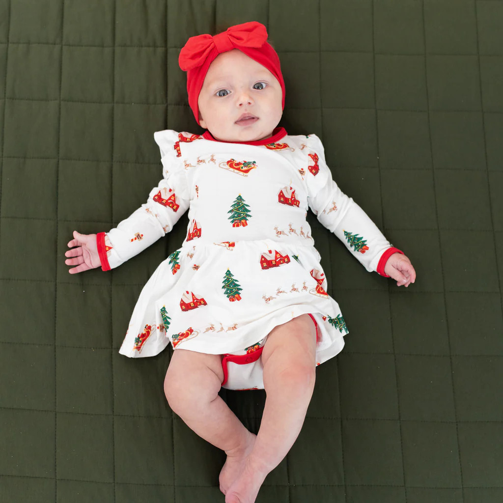 Long Sleeve Twirl Bodysuit Dress in Santa Sleigh | Kyte Baby