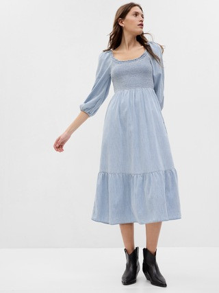 Puff Sleeve Smocked Denim Midi Dress with Washwell | Gap (US)