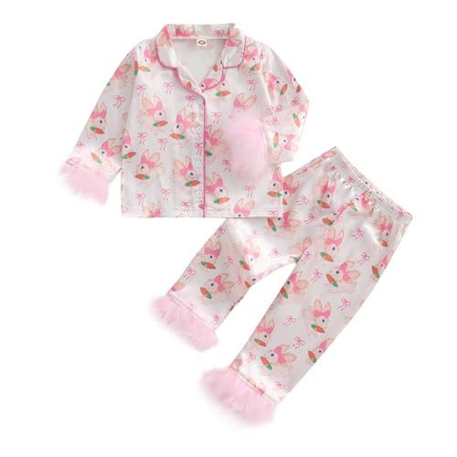 Kuriozud Toddler Kids Girl Easter Satin Silk Pajamas Little Girl Long Sleeve 2 Piece Pajama Set Summer Nightgown Pjs (ea-pink, 18-24 Months) | Amazon (US)