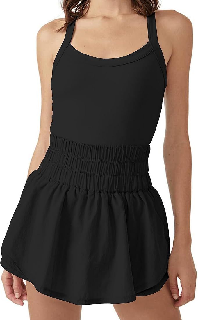NOIGEFAY Women’s Way Home Skortsie Jumpsuit Tennis Dress with Shorts Sleeveless Workout Running Gym  | Amazon (US)