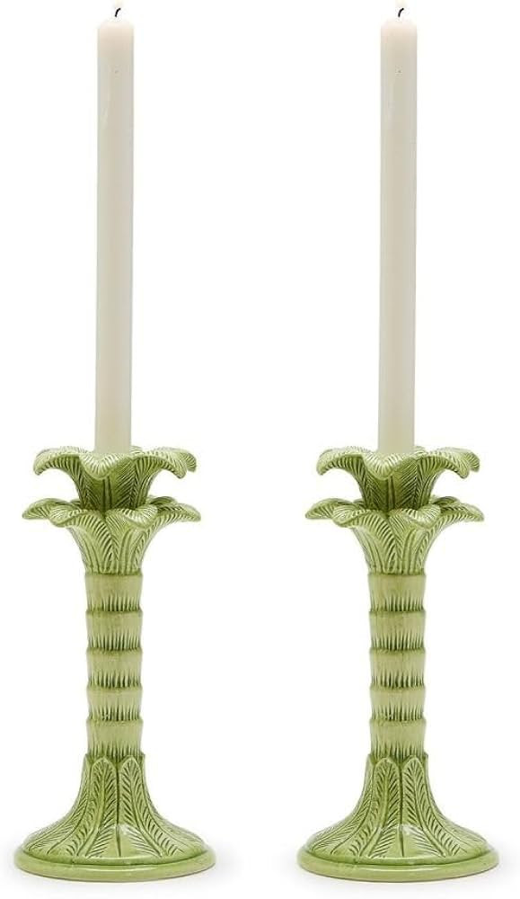 Two's Company Green Palm Leaf Set of 2 Taper Candlestick Holder - Ceramic | Amazon (US)
