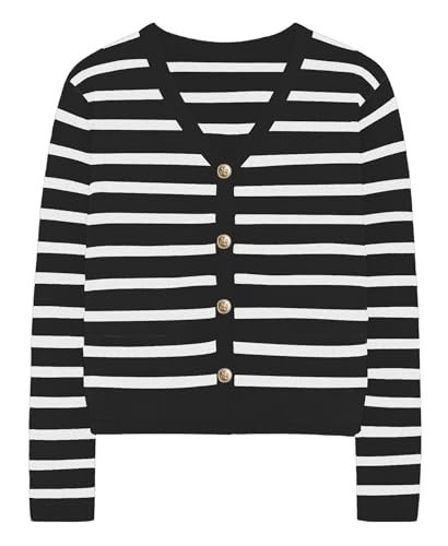 IEEILULU Women's Striped Cardigan Sweaters - Long Sleeve Button Down V Neck Knit Cardigans Classic Casual Tops for Women Black White Stripe L | Amazon (US)