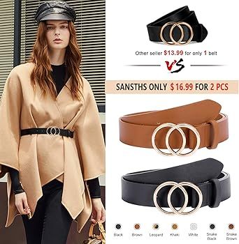 2 Pack Women Leather Belts Faux Leather Jeans Belt with Double O-Ring Buckle Size up to 53 inch | Amazon (US)