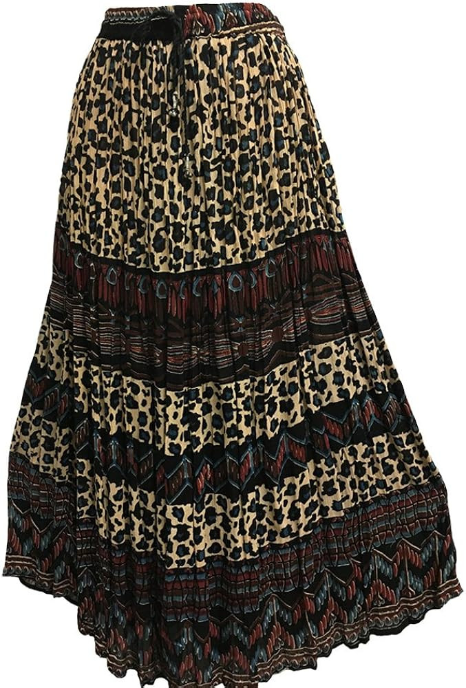Yoga Trendz Womens Beige Black and Blue Leopard Animal Print Crinkled Gypsy Long Skirt No109 | Amazon (US)