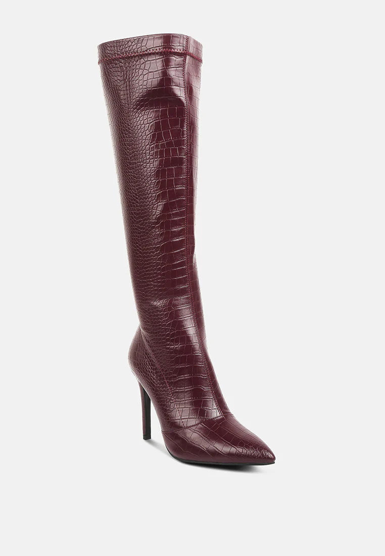 Croc High Heeled Calf Boots Burgundy / US-5 / UK-3 / EU-36 | Casual Chic Boutique