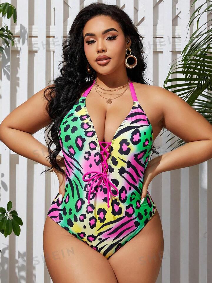 SHEIN Swim Curve Plus Size Ladies' Leopard Print One-Piece Swimsuit With Halter Neck, Bathing Sui... | SHEIN