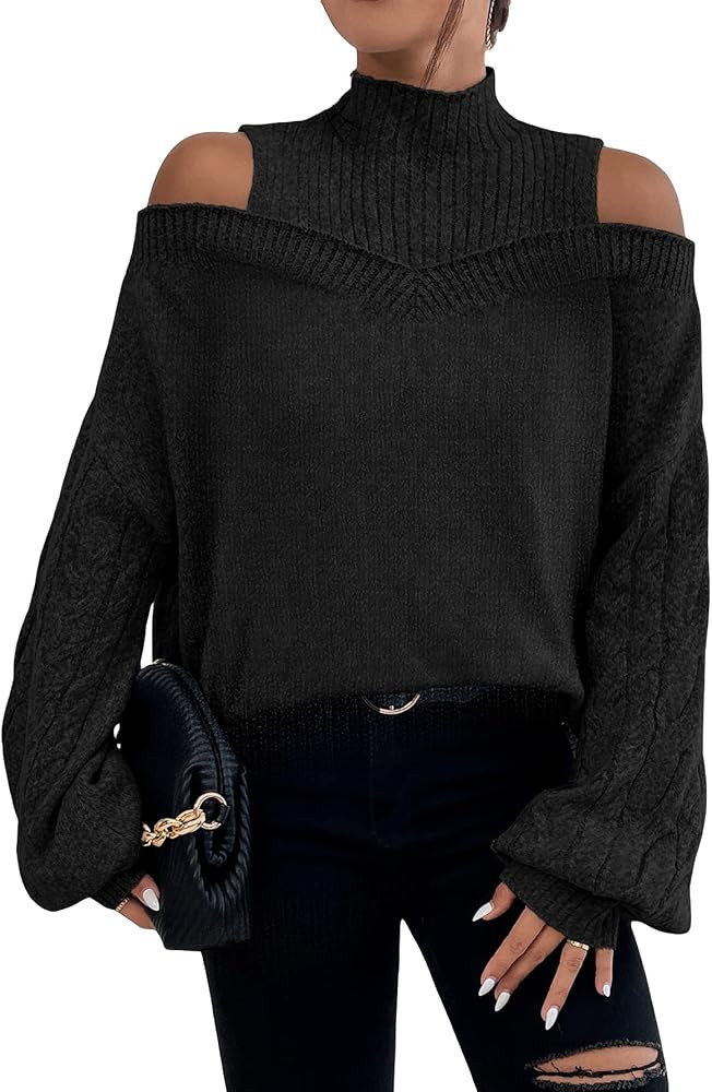 MakeMeChic Women's Cable Knit Cold Shoulder High Neck Lantern Sleeve Sweater Pullover Jumper Top | Amazon (US)