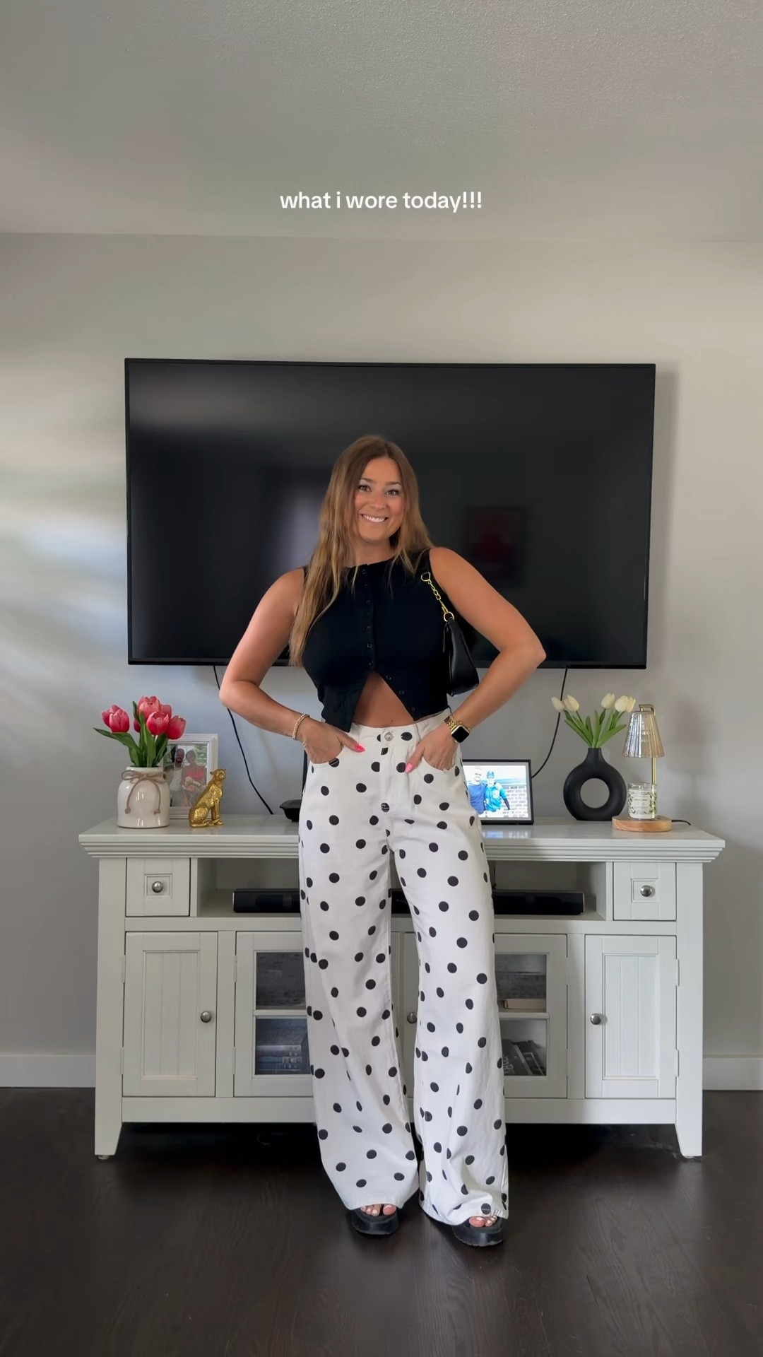 summer outfit of the day!! polka dot pants outfit. black and white outfit. neutral outfit. wearing my true size in everything. i’m 5’6 and pants run long

#LTKootd #LTKSeasonal