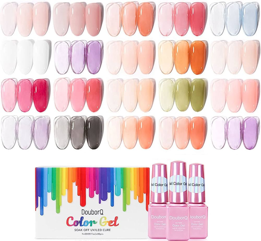 DouborQ 20 Colors Jelly Crystal Gel Nail Polish Set Nude Pink Red Purple White Black Green Orange... | Amazon (US)