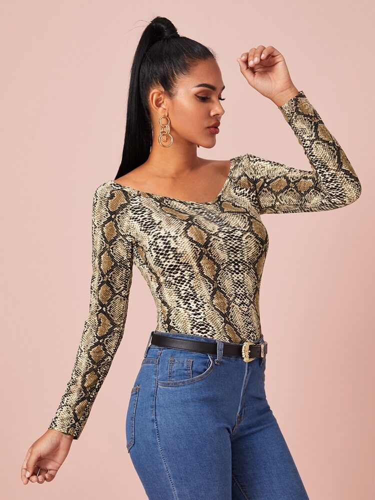 Snakeskin Print Fitted Tee | SHEIN