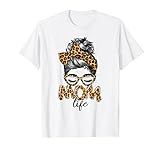 Mom Life Mothers Day Messy Bun Women Glasses Leopard Bandana T-Shirt | Amazon (US)