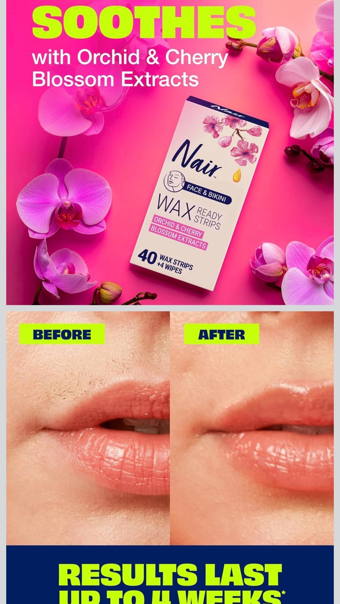 Nair Hair Remover Wax Ready Strips, Face and Bikini Hair Removal Wax Strips, Orchid and Cherry Blossom Extracts, Dermatologist Tested, Plus 4 Non-Flushable Post Wipes, 40 Count

#LTKgrwm #LTKdayinmylife #LTKNYFW