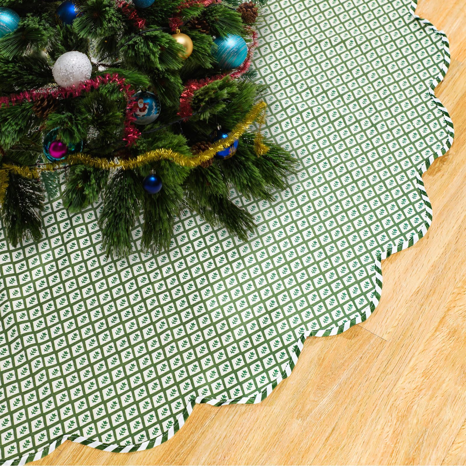 Christmas Tree Skirt Cotton Floral Block Tree Skirt in Nature Color for Home Xmas Party Seasonal Holiday Decoration Indoor Outdoor (60 Inch,Sea Green) | Amazon (US)