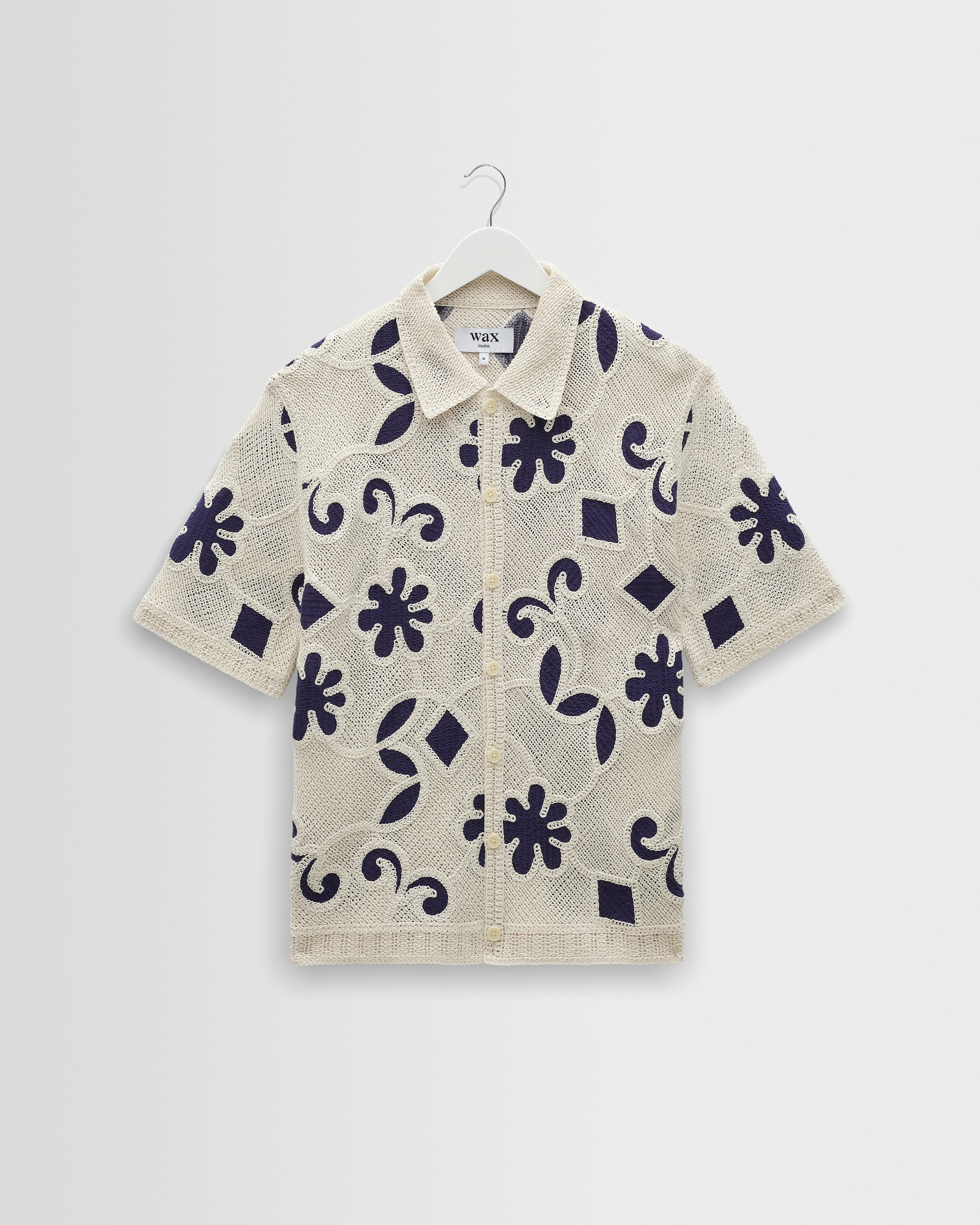 Porto - Ecru And Navy Doodle Crochet Knitted Shirt | Wax London US