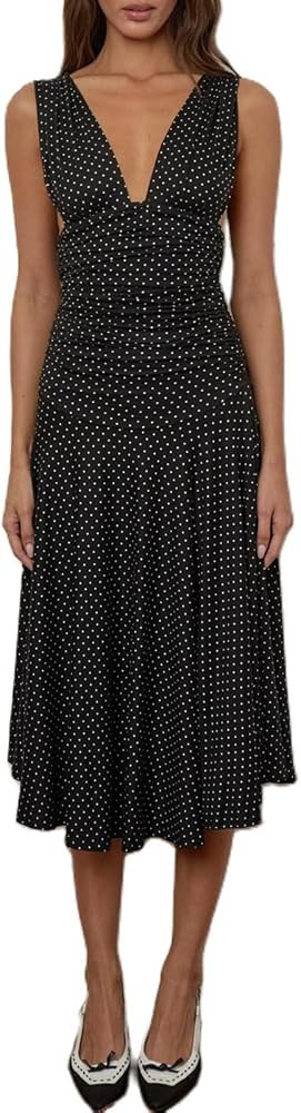 Women Elegant Polka Dot Maxi Dress Spaghetti Strap Backless Cocktail Party Bodycon Long Dress | Amazon (US)