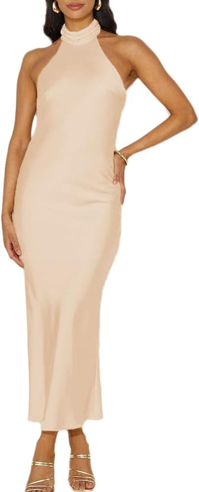 Sexy Satin Halter Neck Backless Maxi Dress for Women Elegant Tie Cowl Back Formal Wedding Guest D... | Amazon (US)