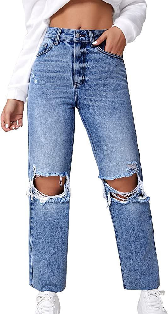 MakeMeChic Women's High Waist Straight Leg Ripped Jeans Distressed Denim Pants | Amazon (US)
