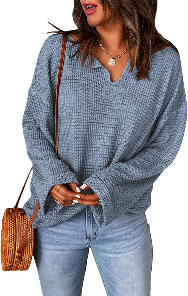 EVALESS Womens Long Sleeve Tunic Tops Spring Fall Fashion 2024 Dressy Casual V Neck Waffle Knit T... | Amazon (US)