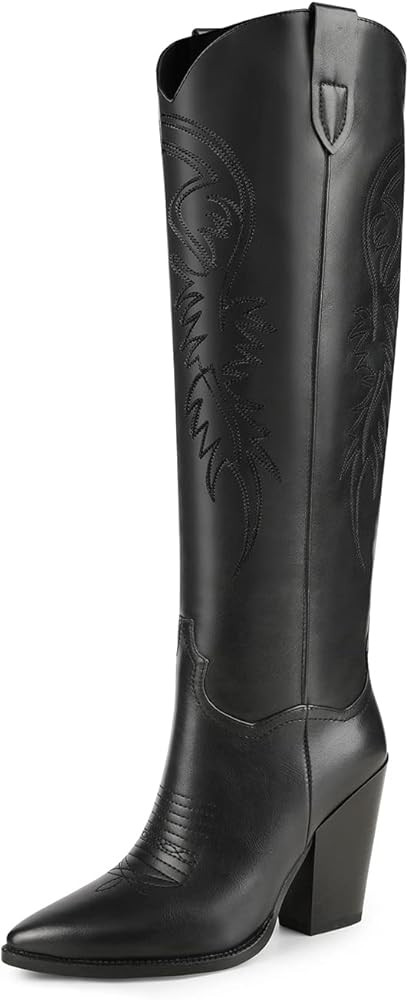 ISNOM Women's Western Boots Knee High Boots, Cowboy Cowgirl Embroidered Chunky Block Heel Pointed To | Amazon (US)