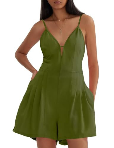 CHERFLY Women's Summer Rompers Deep V-Neck Spaghetti Strap Overalls Casual Backless Wide Leg Short Jumpsuit with Pockets 2025(Garden Green,2XL) | Amazon (US)