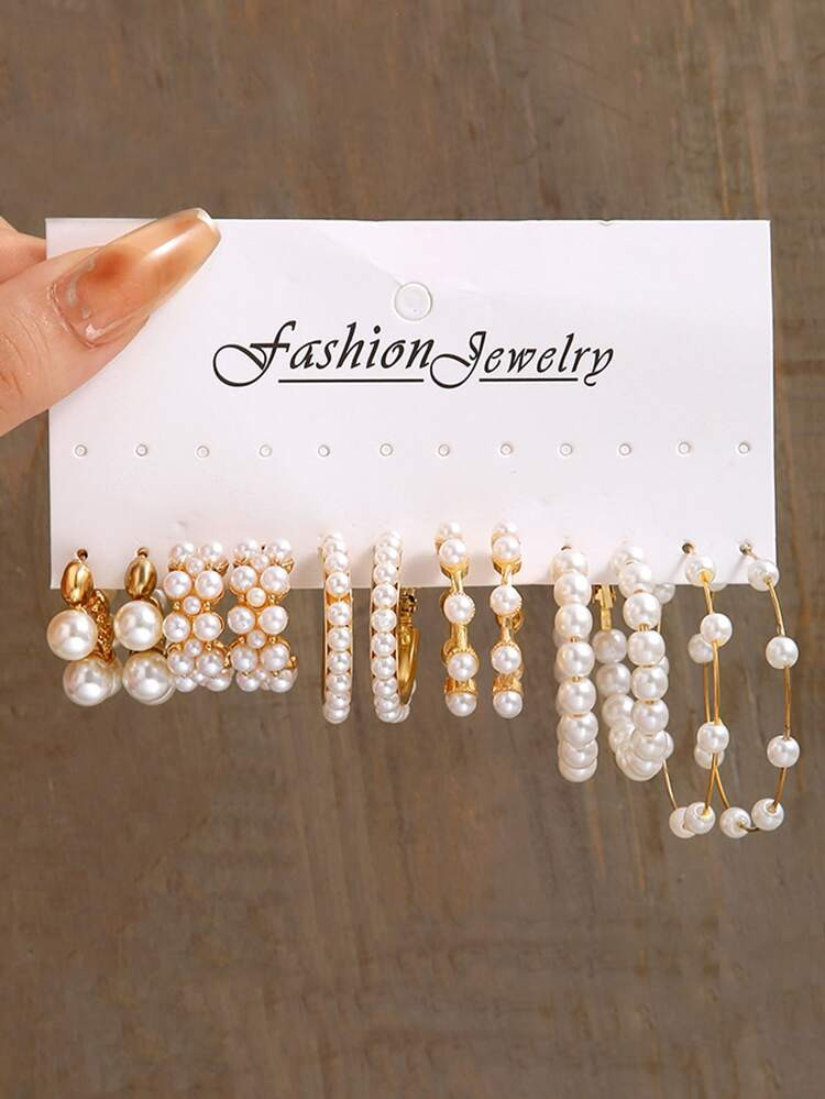 6pairs/set Faux Pearl Decor Hoop Earrings | SHEIN