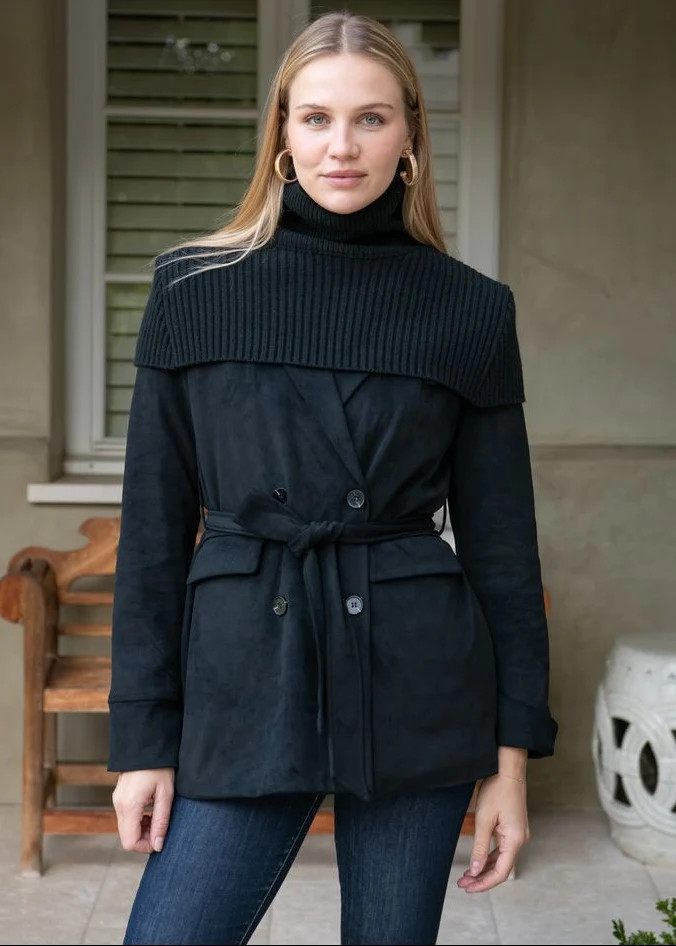 Blythe Belted Vegan Suede Trench Coat with Knit Overlay - Black | Benaar La